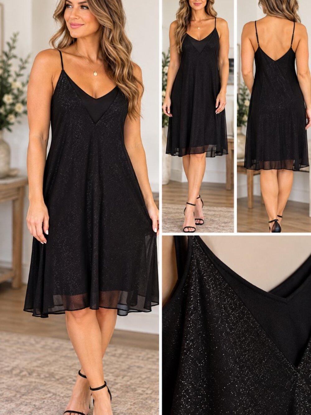 Black Shimmer Spaghetti Strap V-Neck Dress